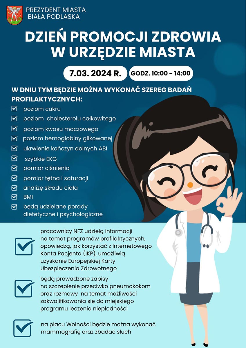 Plakat Dzień promocji zdrowia w Urzędzie Miasta 7 marca 2024