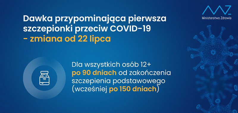 Dawka przypominająca pierwsza szczepionki przeciw COVID-19 od 22 lipca dla wszystkich osób 12+ po 90 dniach od zakończenia szczepienia podstawowego, nie jak wcześniej po 150 dniach