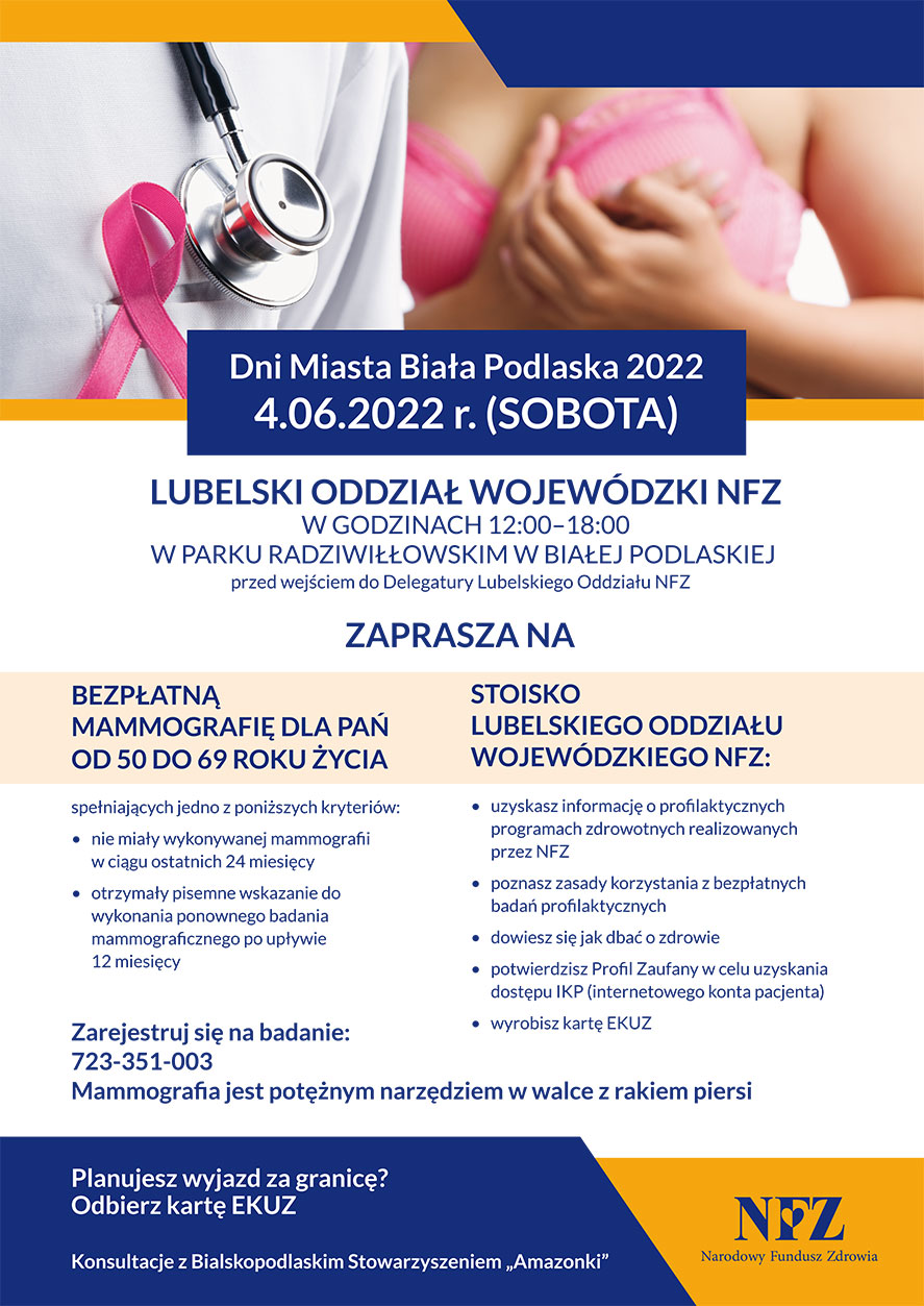Plakat informacyjny o bezpłatnej mammografii dla pań od 50 do 69 roku życia
