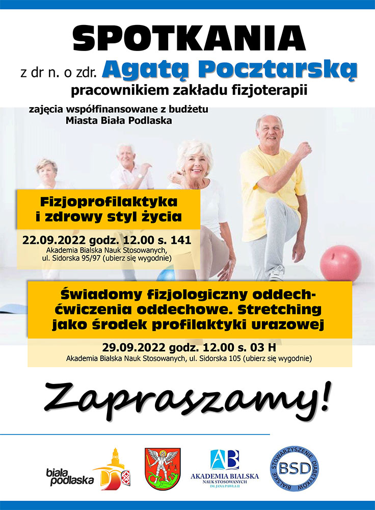 Plakat informacyjny Spotkania z pracownikiem zakładu fizjoterapii dr n. o zdr. Agatą Pocztarską