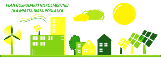 Grafika rysunkowa przedstawia budynki, panele słoneczne, wiatrak, w kolorach zółto-zielonych